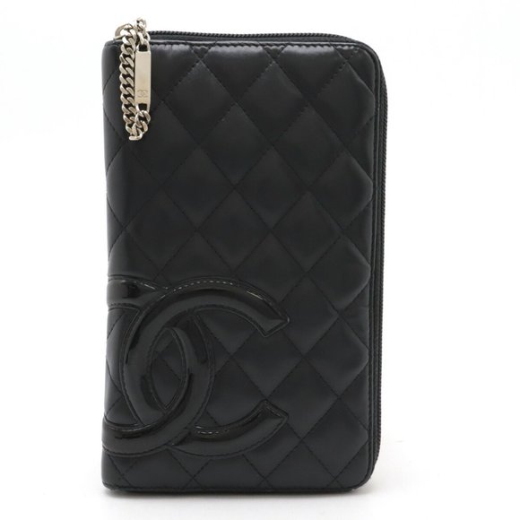 CHANEL Cambon Line Coco Mark Round Long Wallet Organizer Leather Enamel Black Pi - Picture 1 of 10